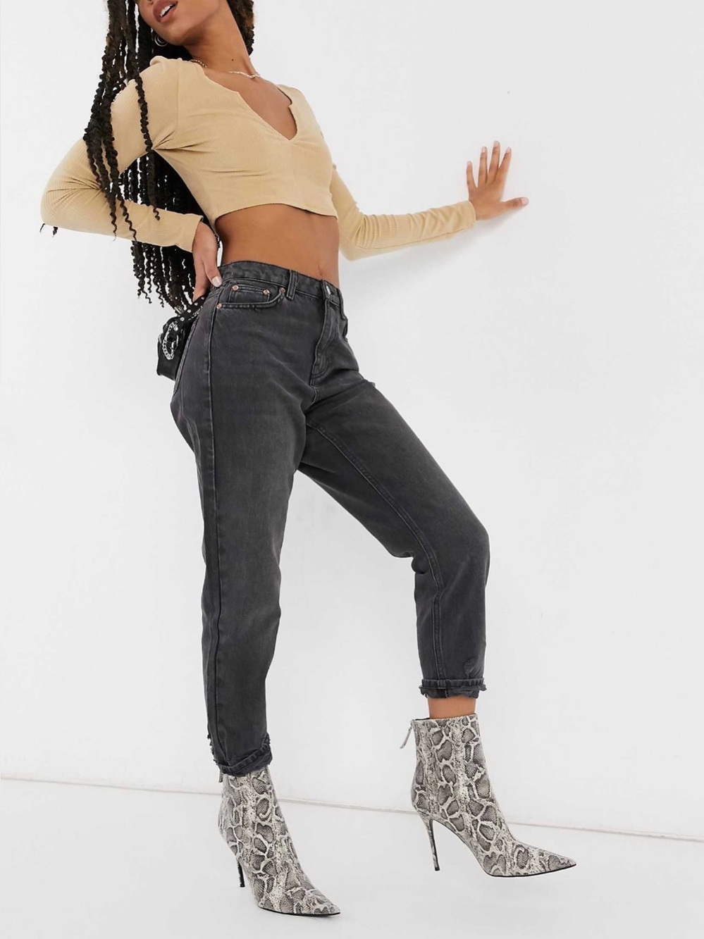 Topshop Ripped Hem Mom Jeans in Washed Black/ Size 30 Length 32